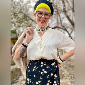 Vintage Pleated V Neck Blouse